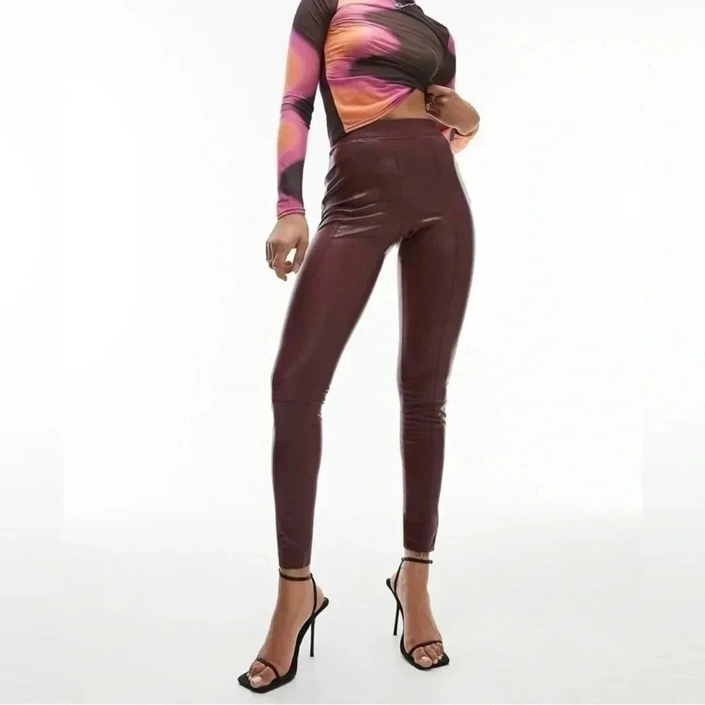 Topshop Piper Faux Leather Vegan Leggings Burgundy Oxblood Size 2